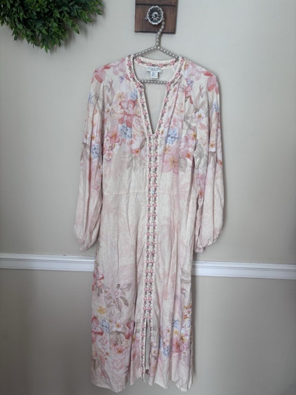 Calypso St Barth Womens Size XL Pink Floral Maxi Dress Linen Blend Cottagecore